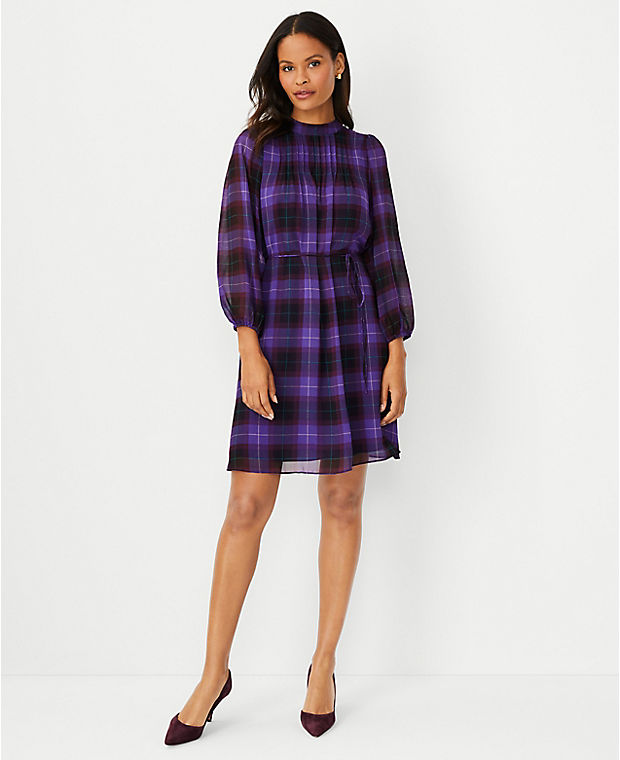 Petite Plaid Pintucked Belted Dress