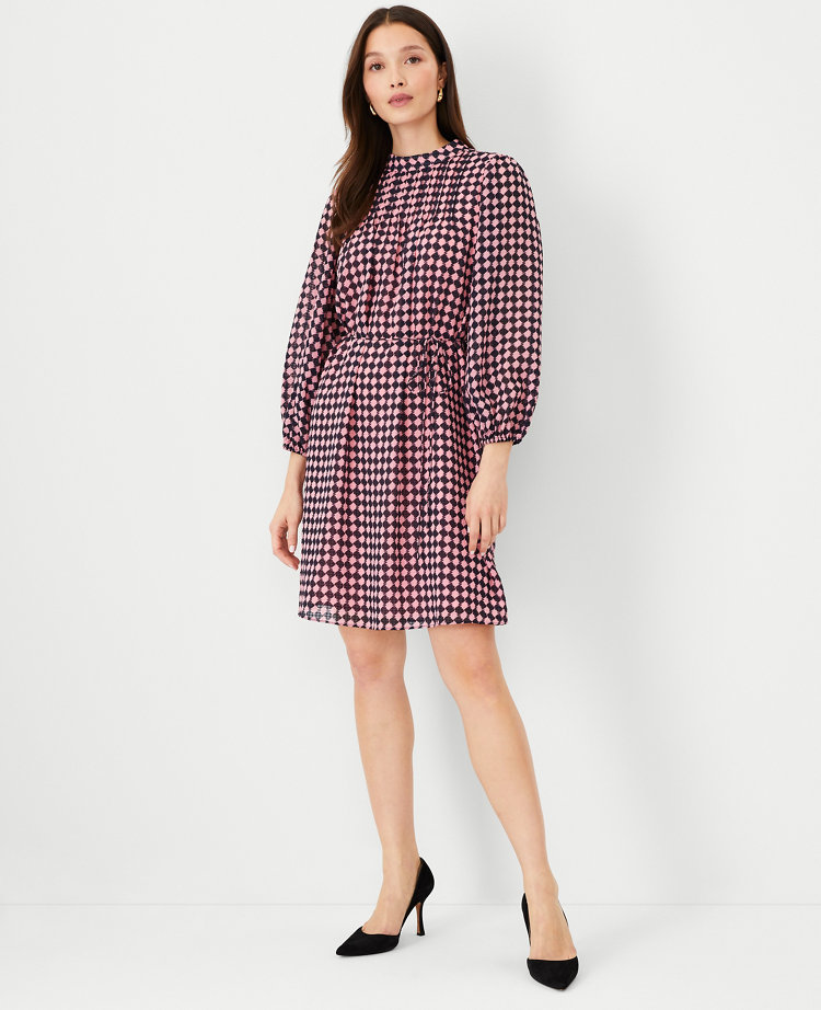 Houndstooth Square Neck Double Button Belted Dress