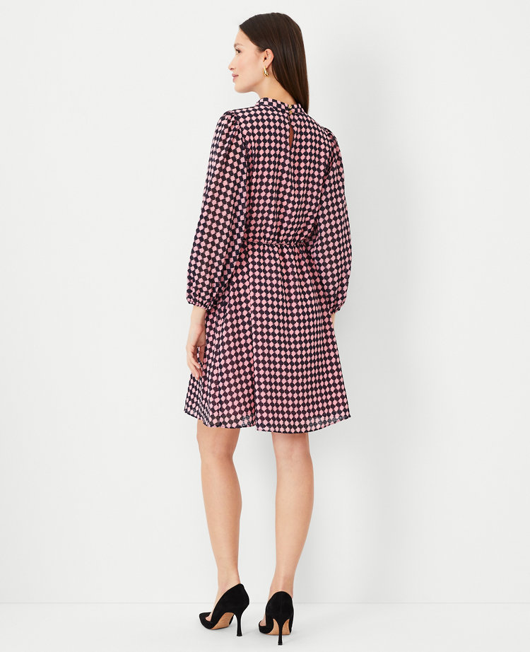 Ann Taylor Houndstooth Pintucked Mock Neck Dress Pink Bellini Women's