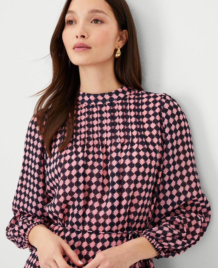 Ann Taylor Houndstooth Pintucked Mock Neck Dress Pink Bellini Women's