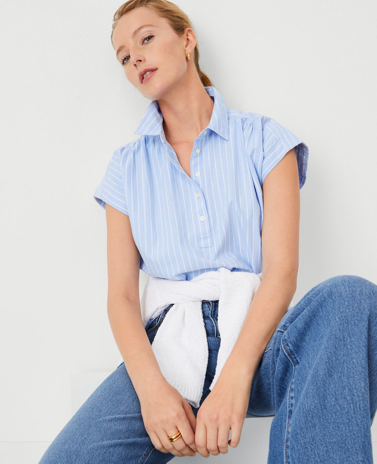 Weekend Striped Cotton Shirred Shirt