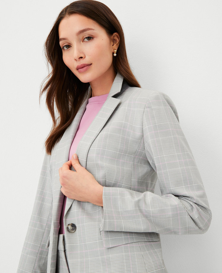 The Petite Notched One Button Blazer in Plaid