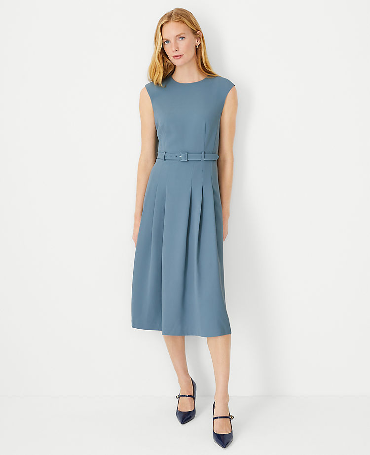 The Pleated Belted Crew Neck Dress in Fluid Crepe