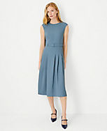 The Pleated Belted Crew Neck Dress in Fluid Crepe carousel Product Image 1