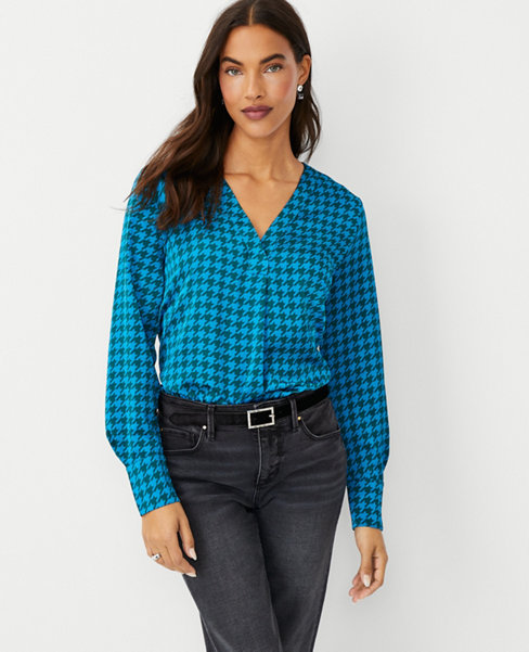 Petite Houndstooth Mixed Media Pleat Front Top