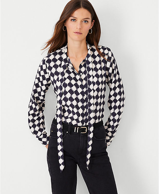Petite Houndstooth Tie Neck Blouse