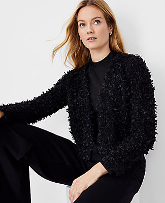 Ann Taylor Petite Feathery V-neck Sweater Jacket In Black