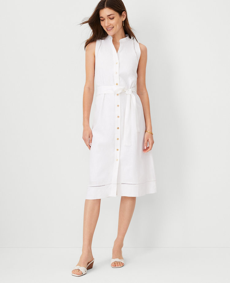 Ann Taylor Linen Blend Split Neck Sleeveless Shirtdress White Women's