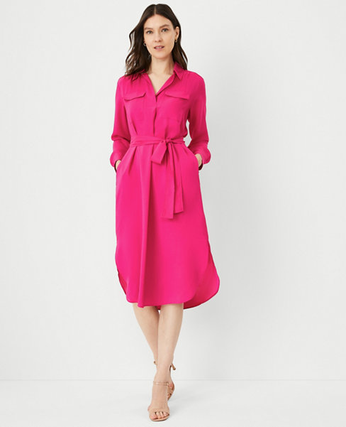 Ann Taylor Petite Belted Pocket Shirtdress In Hot Pink Poppy