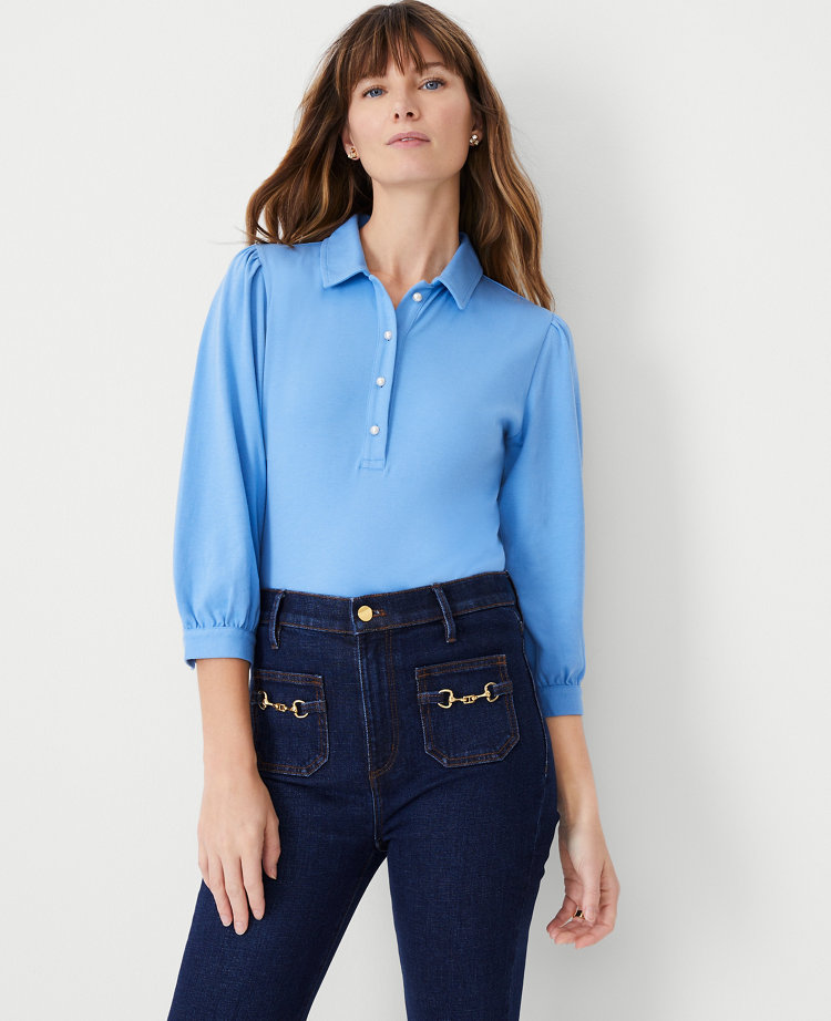 Petite Pearlized Button Polo Top