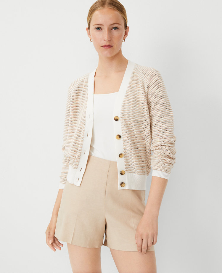 Ann Taylor Textured Stripe V-Neck Wedge Cardigan Tan/White Women's