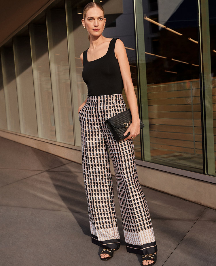 The Pleated Wide Leg Pant in Geo Satin