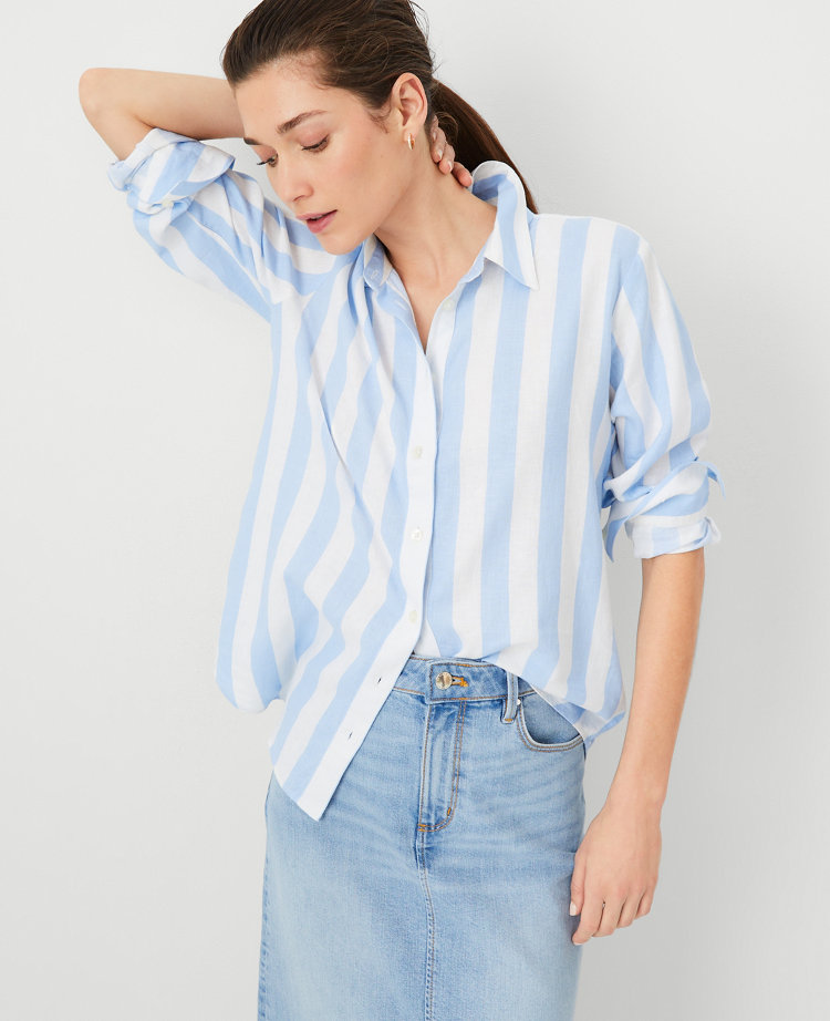 Ann Taylor AT Weekend Striped Linen Blend Relaxed Shirt Ojai Sky Women's