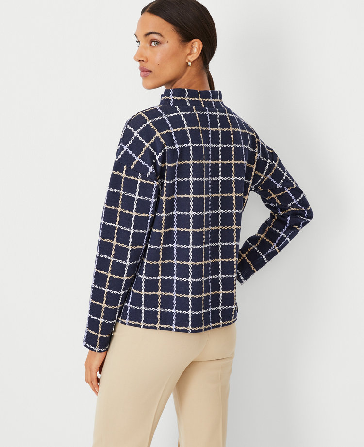 Ann Taylor Petite Windowpane Mock Neck Top Night Sky Women's