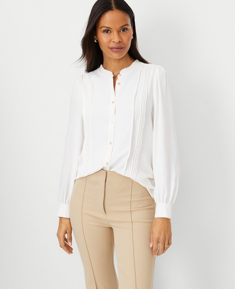 Ann Taylor Pearlized Mixed Media V-Neck Button Top - ShopStyle