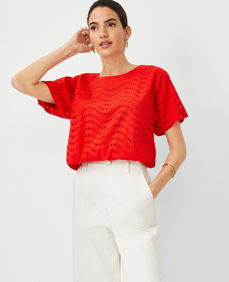 Ann Taylor Cotton Eyelet Gathered Top Fiery Red Women's