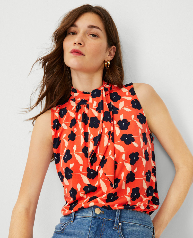 Border Floral Asymmetrical Tie Neck Knit Shell