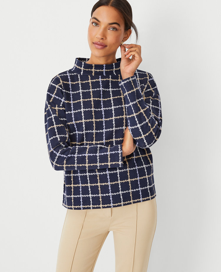 Windowpane Mock Neck Top