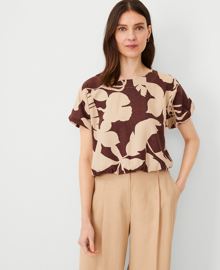 Ann Taylor Tropical Linen Blend Gathered Top Toasted Oat Women's