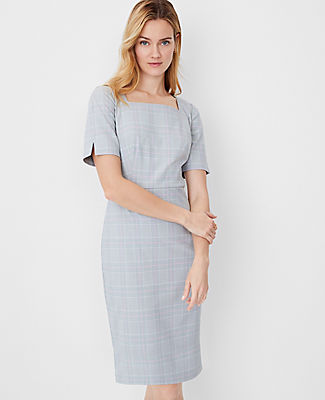 Ann Taylor The Petite Elbow Sleeve Square Neck Dress In Plaid In Grey Multi