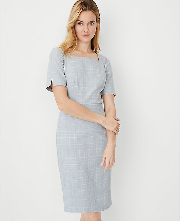 The Petite Elbow Sleeve Square Neck Dress in Plaid