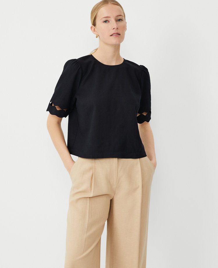 Ann Taylor Scalloped Hem Linen Blend Tee