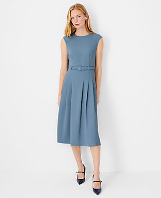 Ann Taylor The Petite Pleated Belted Crew Neck Dress In Fluid Crepe In Blue Echo