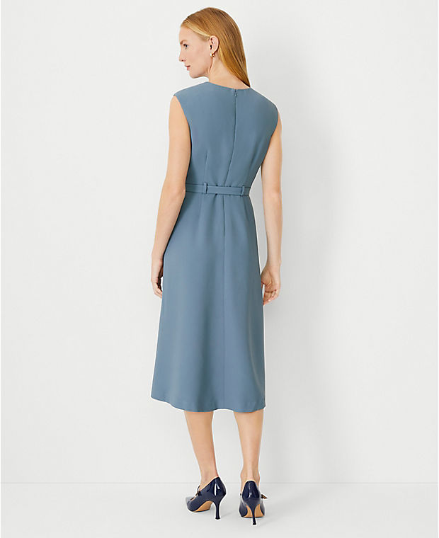 The Petite Pleated Belted Crew Neck Dress in Fluid Crepe