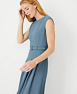 The Petite Pleated Belted Crew Neck Dress in Fluid Crepe carousel Product Image 3