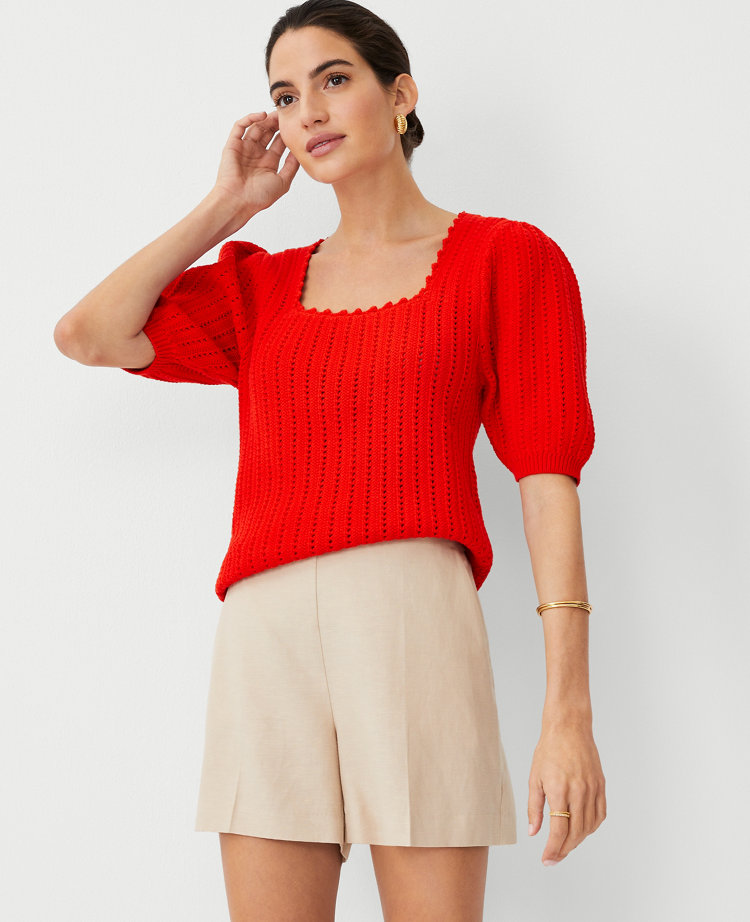 Crochet Square Neck Puff Sleeve Sweater