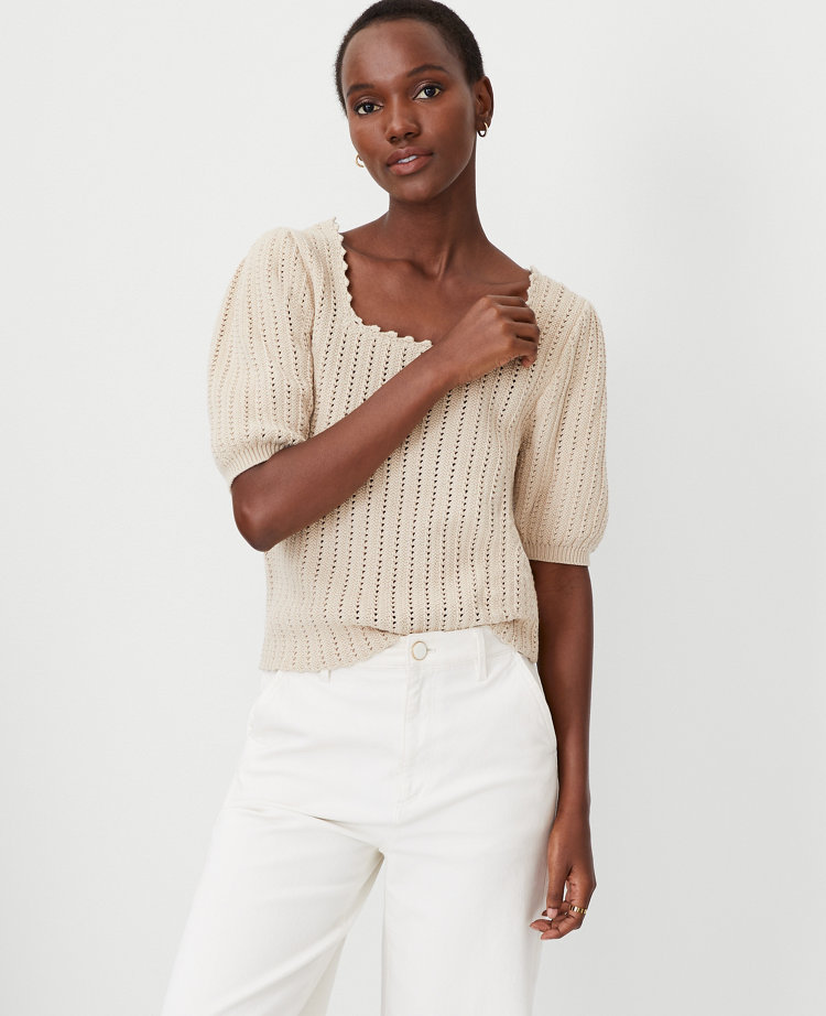 Crochet Square Neck Puff Sleeve Sweater