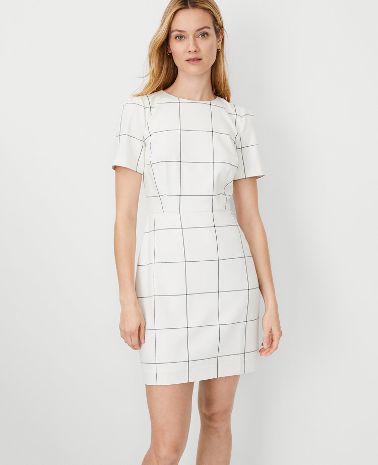 Ann Taylor Windowpane Sheath Dress Size 12 Ivory Multi Women's