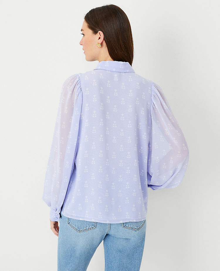 Floral Tile Collared Puff Sleeve Shirt