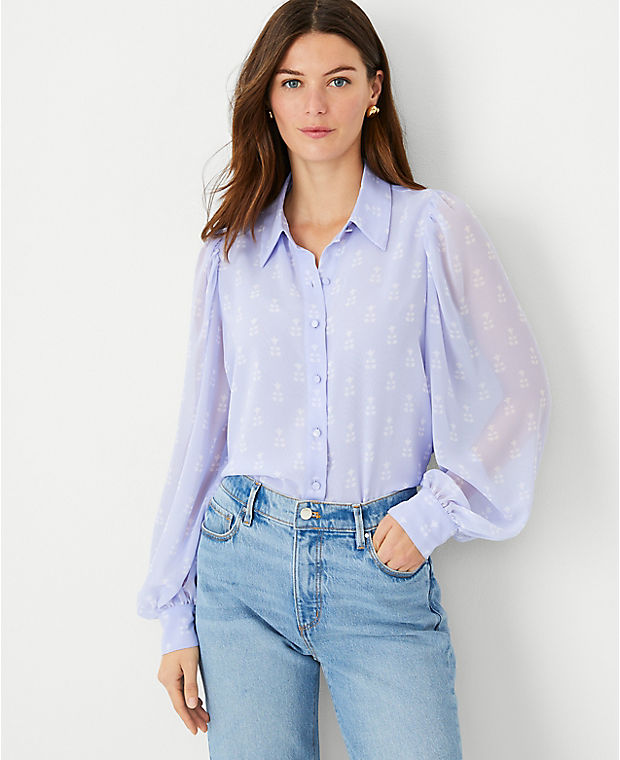 Floral Tile Collared Puff Sleeve Shirt