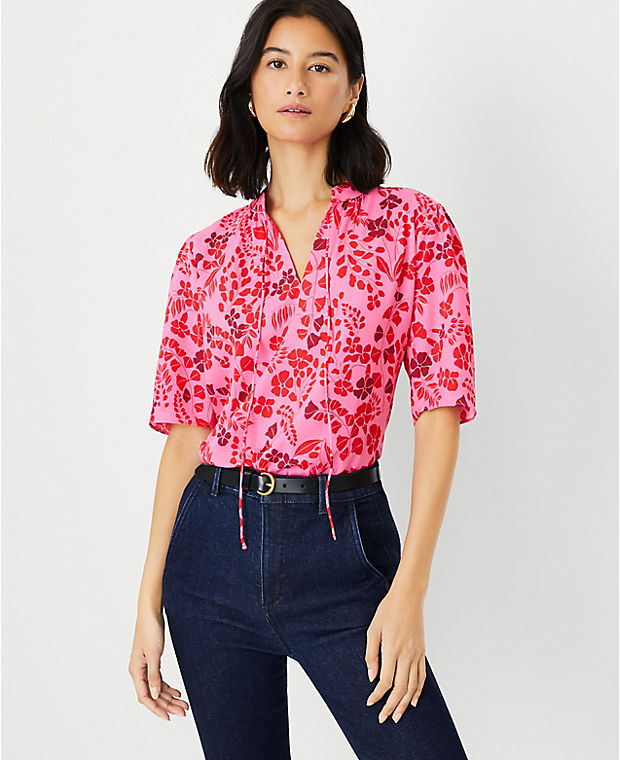 Petite Floral Stand Collar Tie Neck Top