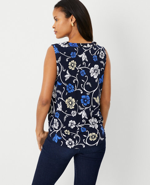 Floral Sleeveless Mixed Media Pleat Front Top