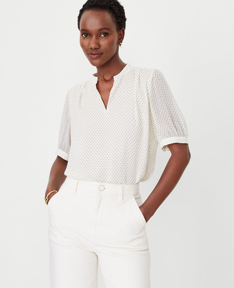 Flocked Dot Puff Sleeve Split Neck Top