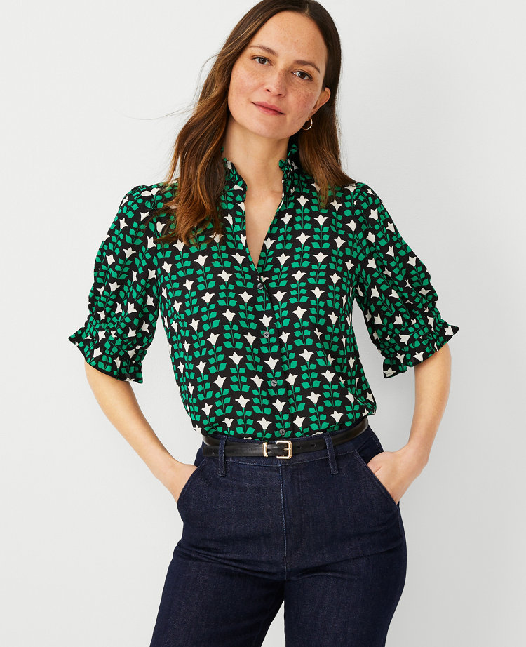 Petite Floral Tile Ruffle Button Top