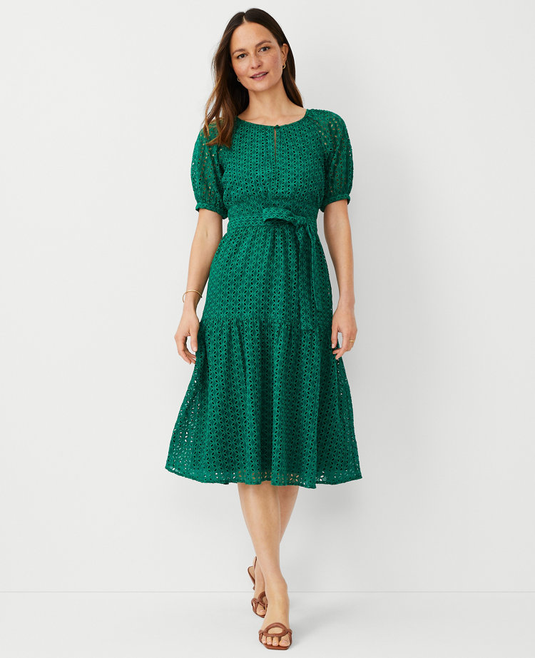 Ann Taylor Petite Eyelet Puff Sleeve Flare Dress