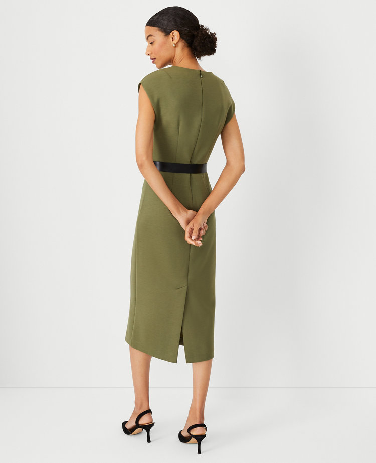 Petite Faux Leather Belted Midi Sheath Dress