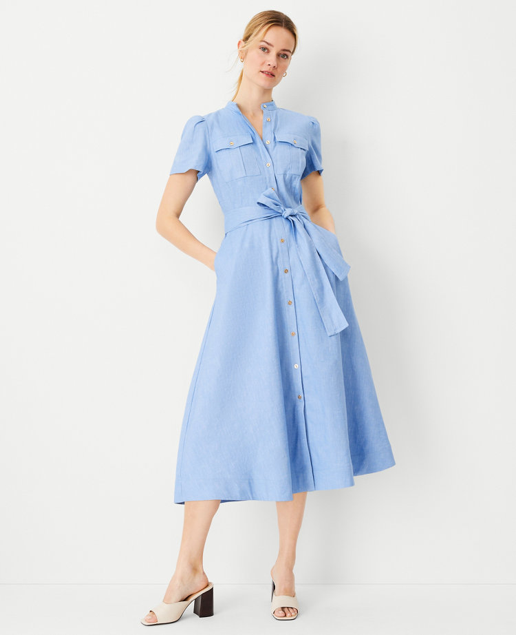 Chambray Linen Blend Midi Pocket Shirtdress