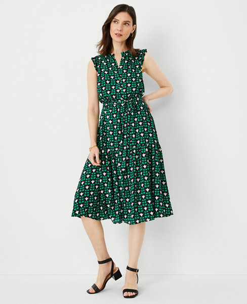 Petite Floral Tile Ruffle Belted Flare Dress