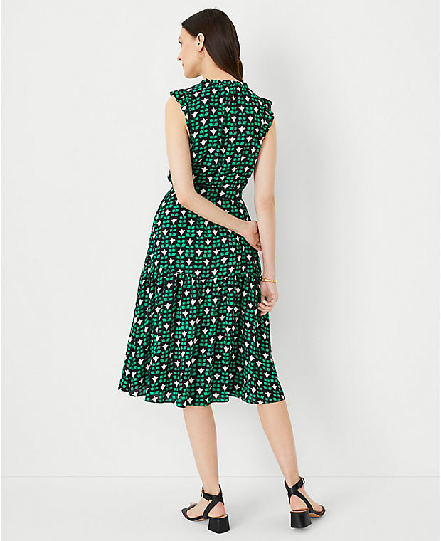 Petite Floral Tile Ruffle Belted Flare Dress