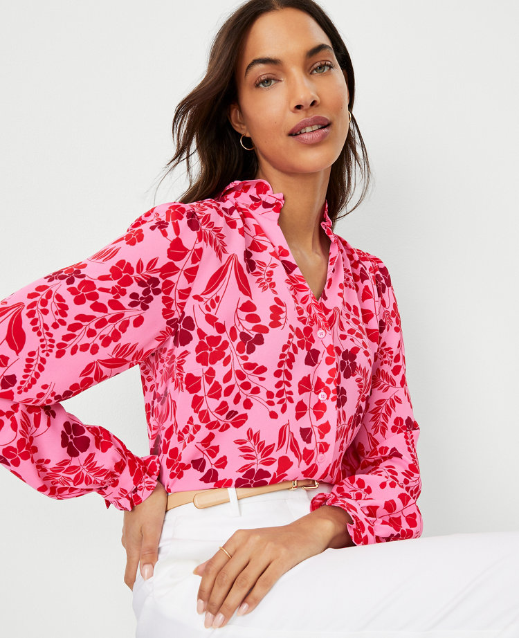 Ann Taylor Floral Ruffle Button Top