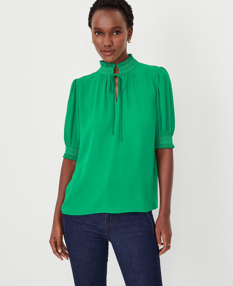 Ann Taylor Petite Embellished Smocked Tie Neck Top