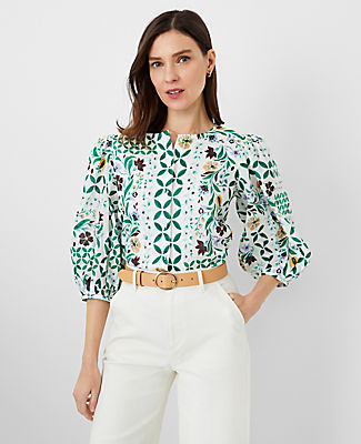 Ann Taylor Petite Floral Maze Pleated Puff Sleeve Top