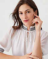 Petite Embroidered Smocked Tie Neck Top carousel Product Image 3