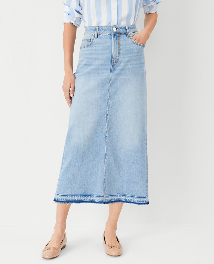 Petite AT Weekend Unpicked Hem Denim Skirt in Light Wash Indigo