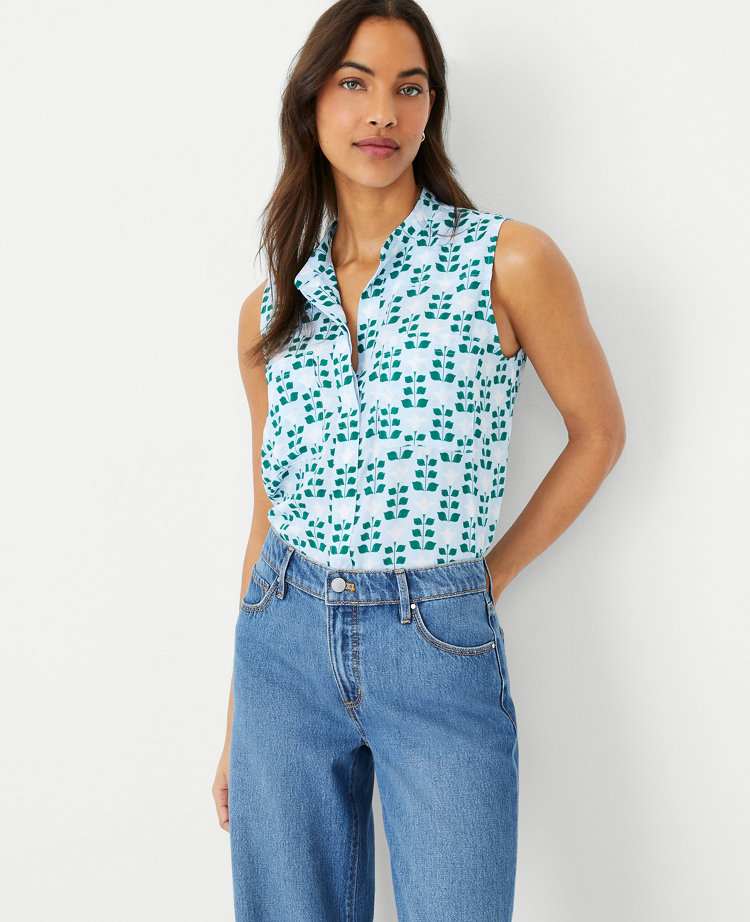 Petite Floral Tile Sleeveless Camp Shirt