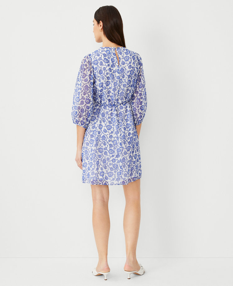 Ann Taylor Petite Floral Gathered Neck Shift Dress Dazzling Blue Women's